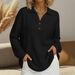 Women's Clothing Fashionable V Neck Button Up Waffle Knit Top Women's Loose Pullover Long Sleeve Solid Color European American Style_ecoleips.com