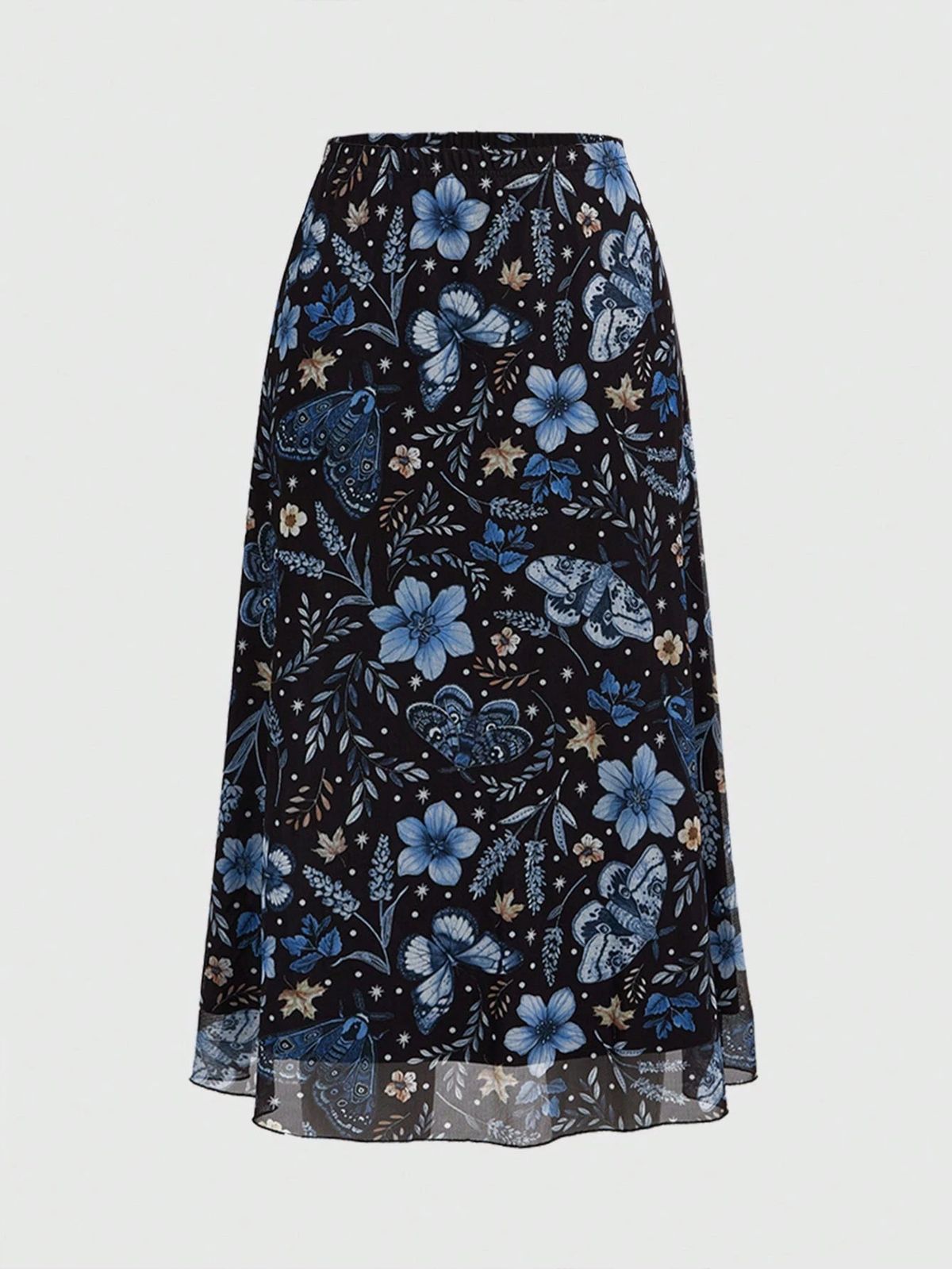 Women's Clothing Retro Dark Butterfly Floral Print Mesh Midi Skirt High Waisted A-Line Slimming Mori Style Women's Bottoms_ecoleips.com
