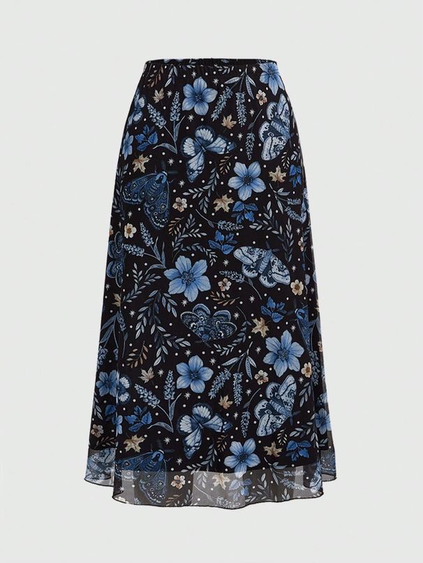 Women's Clothing Retro Dark Butterfly Floral Print Mesh Midi Skirt High Waisted A-Line Slimming Mori Style Women's Bottoms_ecoleips.com