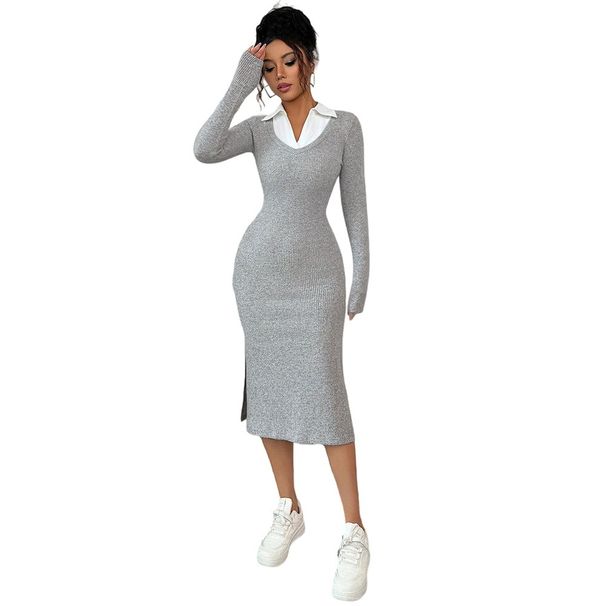 Voya Cross-border Korean-style Casual Shirt-collar Patchwork Knit For Women, Spring-summer Light Gray Slim-fit Long-sleeve_ecoleips.com
