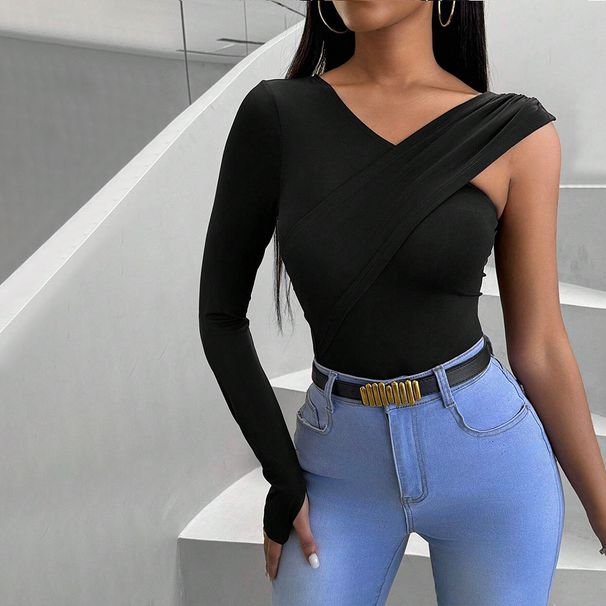 Voya Women's T-shirt For Spring And Summer, V-neck, Single-sided Long Sleeved Design, Slimming Top Design, Slimming Top_ecoleips.com