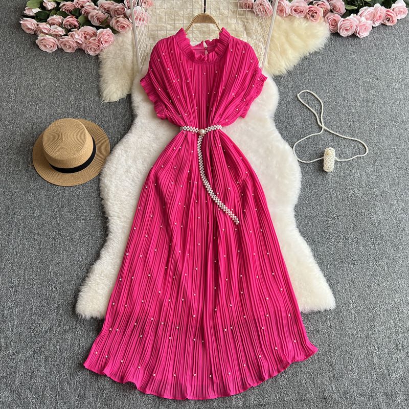 Women's Clothing Heavy Beaded Round Neck Dress Waist Slimming Pleated Elegant Dress Long Skirt_ecoleips.com