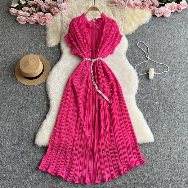 Women's Clothing Heavy Beaded Round Neck Dress Waist Slimming Pleated Elegant Dress Long Skirt_ecoleips.com