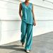Women's Casual V-Neck Cotton Linen Top And Wide Leg Pants Two-Piece Set Fashion For Comfortable Style_ecoleips.com