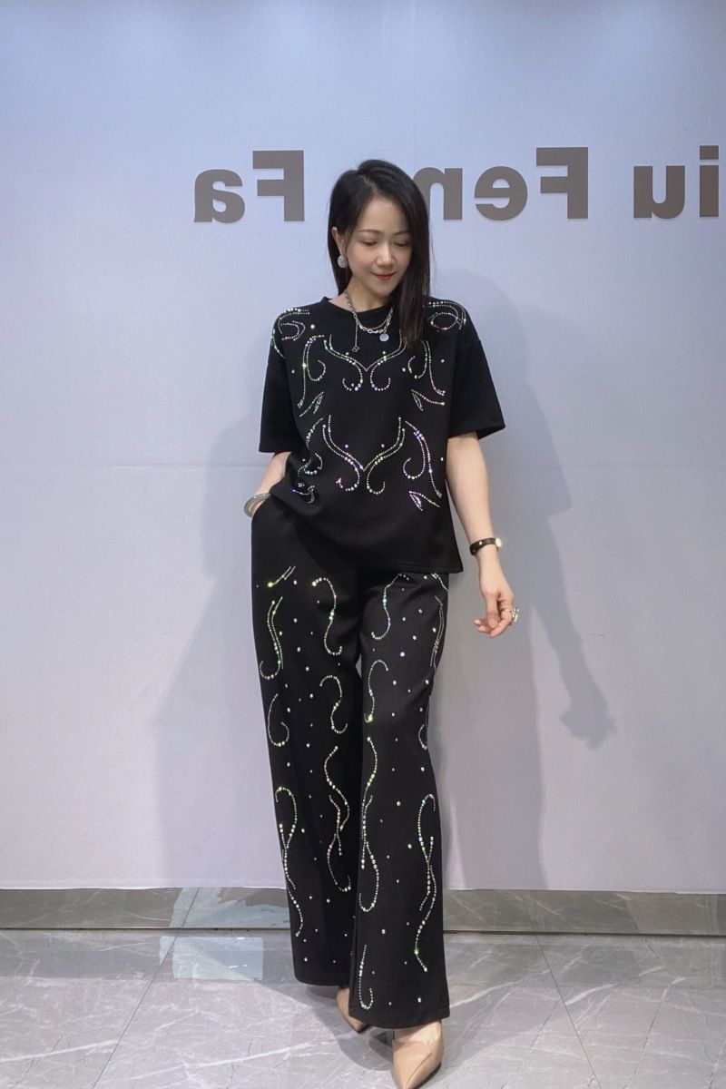 Women's High-End Wide Leg Pants Suit With Rhinestone Short Sleeve T-Shirt Two Piece Set For Summer Evening Wear_ecoleips.com