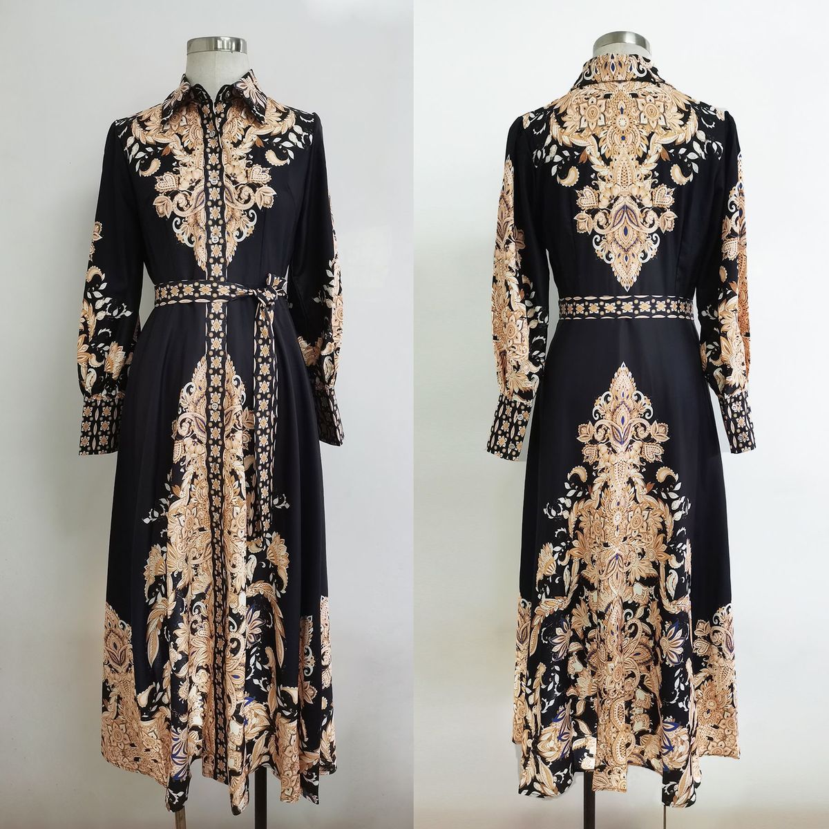 Elegant Printed Wrap Waist Dress With High Neck & Lantern Sleeves – Flowy Maxi Dress For Women_ecoleips.com