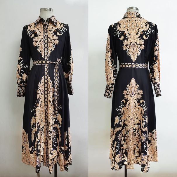 Elegant Printed Wrap Waist Dress With High Neck & Lantern Sleeves – Flowy Maxi Dress For Women_ecoleips.com