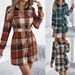 Women's Plaid Faux Woolen Shirt Dress Autumn Winter Casual Long Sleeved Color Block Tie Waist_ecoleips.com