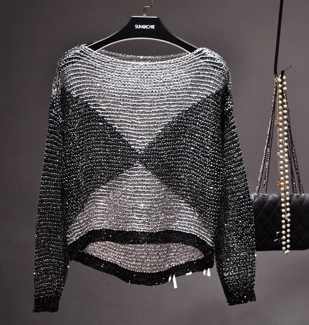Cross-border Hot Selling European And American Hollow Sequins Loose Knitwear Pullover Bright Silk Base Shirt Long Sleeve Round Neck Top For Women_ecoleips.com