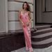 Women's Lace Trimmed Spaghetti Strap Maxi Dress Summer Sexy Slit Patchwork Faux Silk European American Style Dress_ecoleips.com