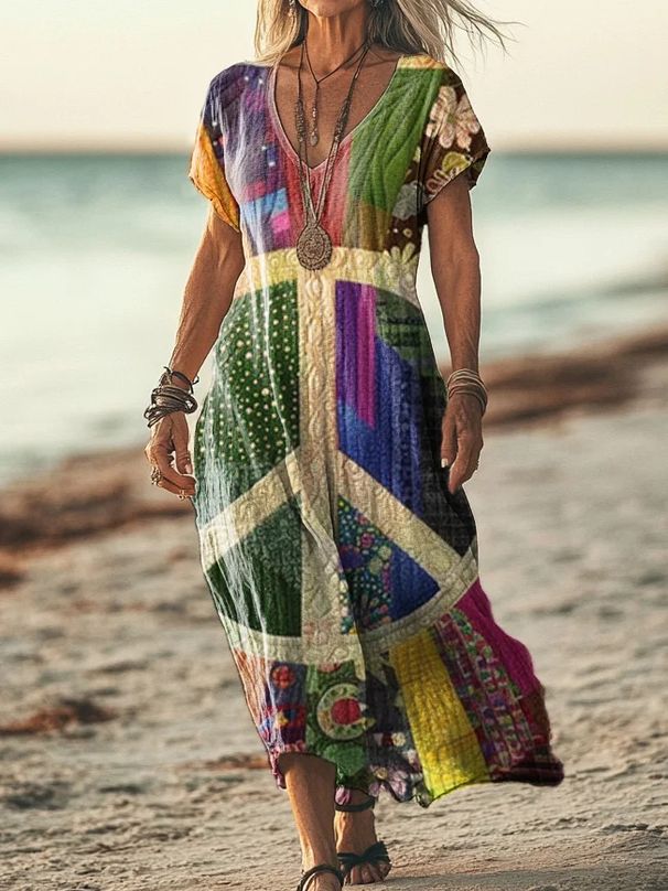 Creative Floral Women's Summer V-Neck Short Sleeve Dress, Midi Dress_ecoleips.com