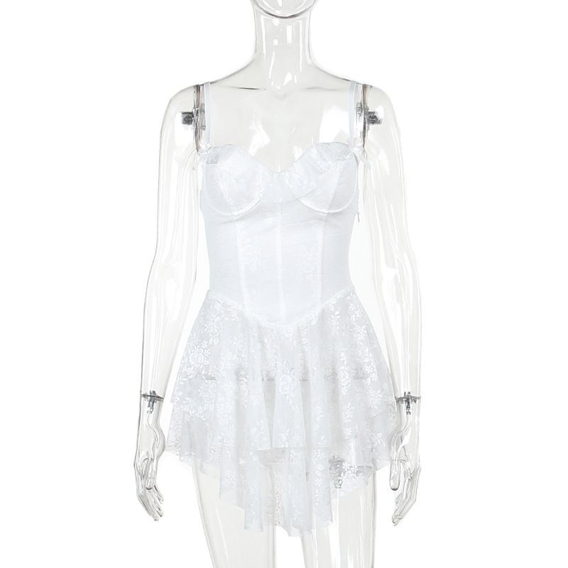 Women's Clothing Women's Lace A-Line Dress Sexy Hot Girl Suspender Skirt Slim Lotus Leaf Design Summer Fashionable Temperament Dress_ecoleips.com