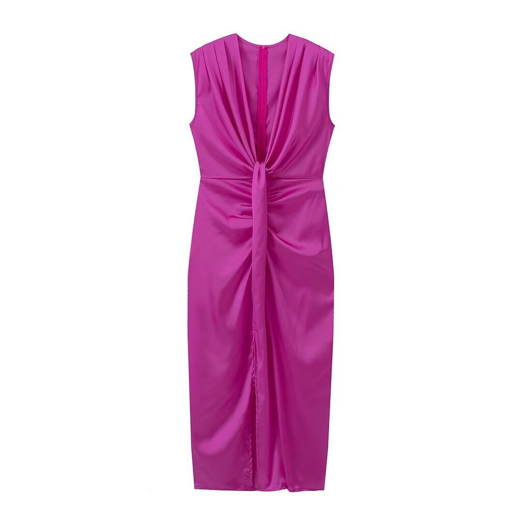 Verve Trendy Deep V-neck Pleated Split Long For Women Summer New Elegant Slimming Dress_ecoleips.com