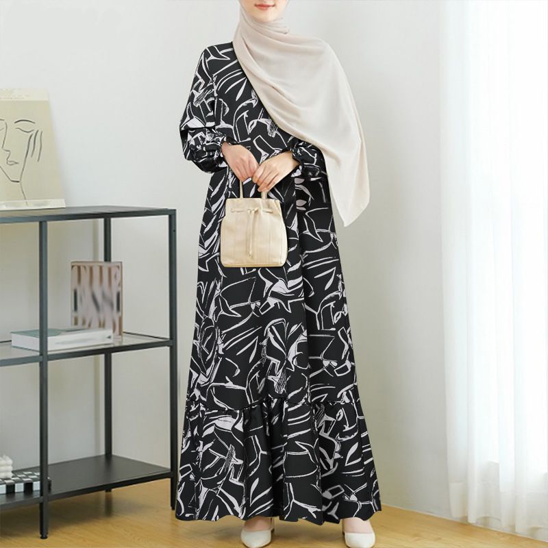 Muslim Women's Clothing Middle Eastern Fashion Robe Spring And Autumn Long Sleeve Geometric Print Ruffle Dress_ecoleips.com