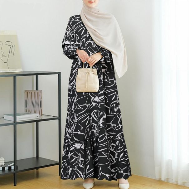 Muslim Women's Clothing Middle Eastern Fashion Robe Spring And Autumn Long Sleeve Geometric Print Ruffle Dress_ecoleips.com