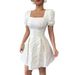Summer Slim Fit Elegant Women's Dress Style Solid Color Jacquard Puff Sleeve Square Neck French Style Vacation Dress_ecoleips.com