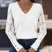 Women's V-Neck Loose Fit Long Sleeve Knit Sweater With Lace Trim, Comfortable Casual Pullover Top For Autumn_ecoleips.com
