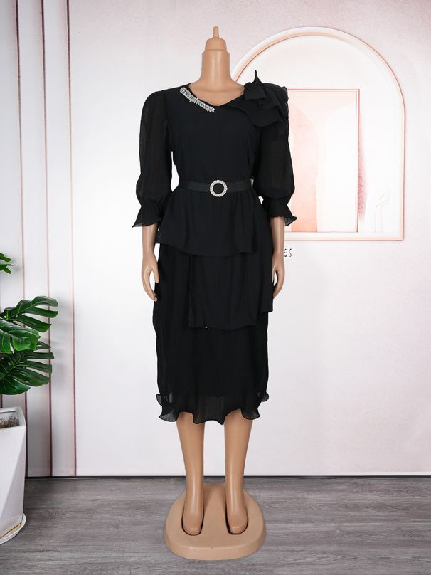 Elegant V-Neck A-Line Chiffon Dress With Pleated Detail - Flowy Midi Dress For Women, Plus Size Available (Green/Rose/White/Black)_ecoleips.com