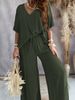 Women's V-Neck Batwing Sleeve Loungewear Set With Wide-Leg Pants & Belt – Comfortable & Stylish Casual Outfit_ecoleips.com