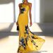 Blue Floral Print One Shoulder Long Dress American Style Elegant Classy Banquet_ecoleips.com