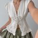 Women's French Style Girly Ruffle Blouse Lace Trimmed Puff Sleeve V Neck Tie Front Slim Fit Cross Border Top_ecoleips.com