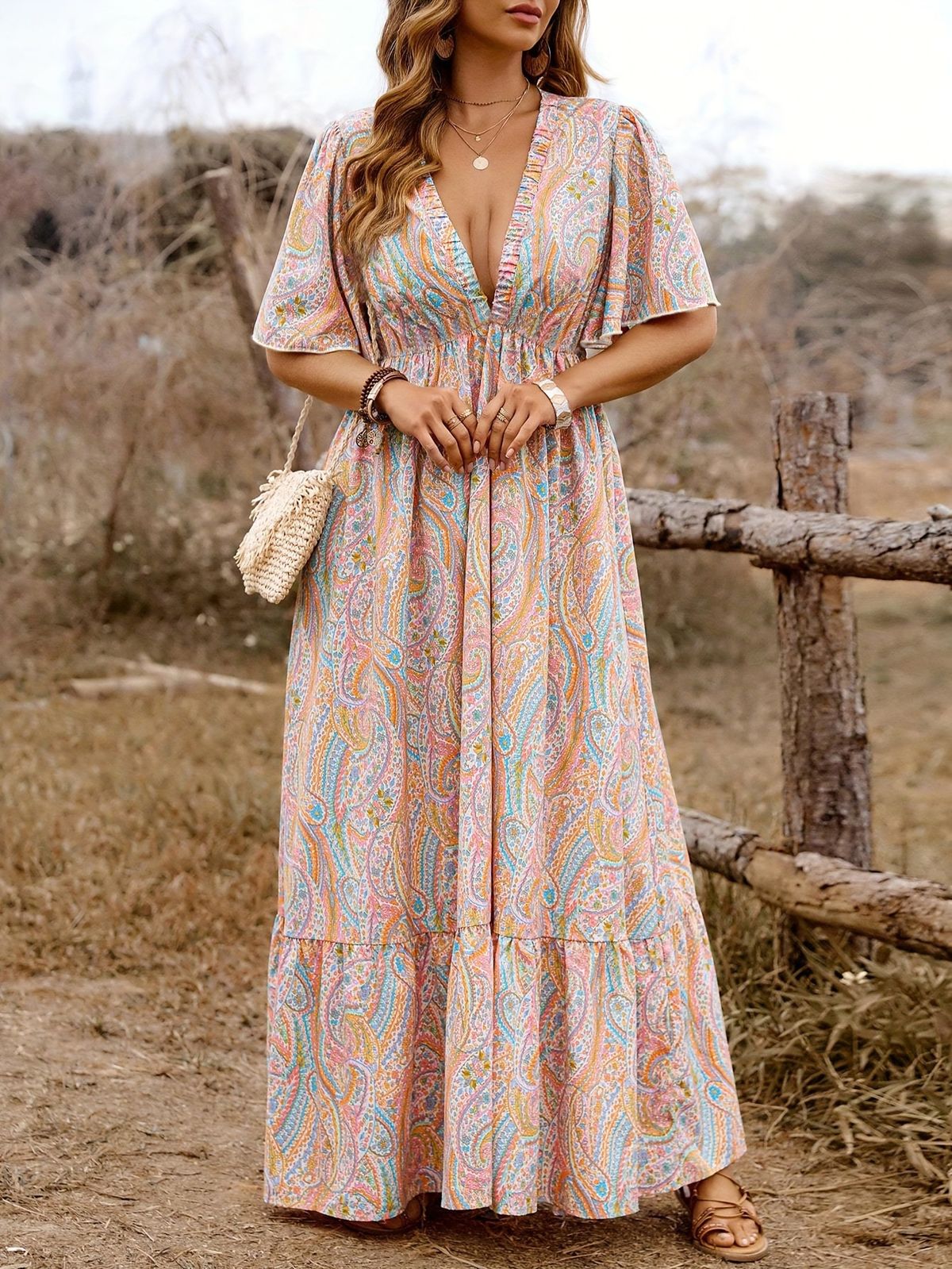 Women's Bohemian Style Maxi Dress V Neck Ruffle Sleeve Spring Summer Vacation Casual Fashion Clothing_ecoleips.com