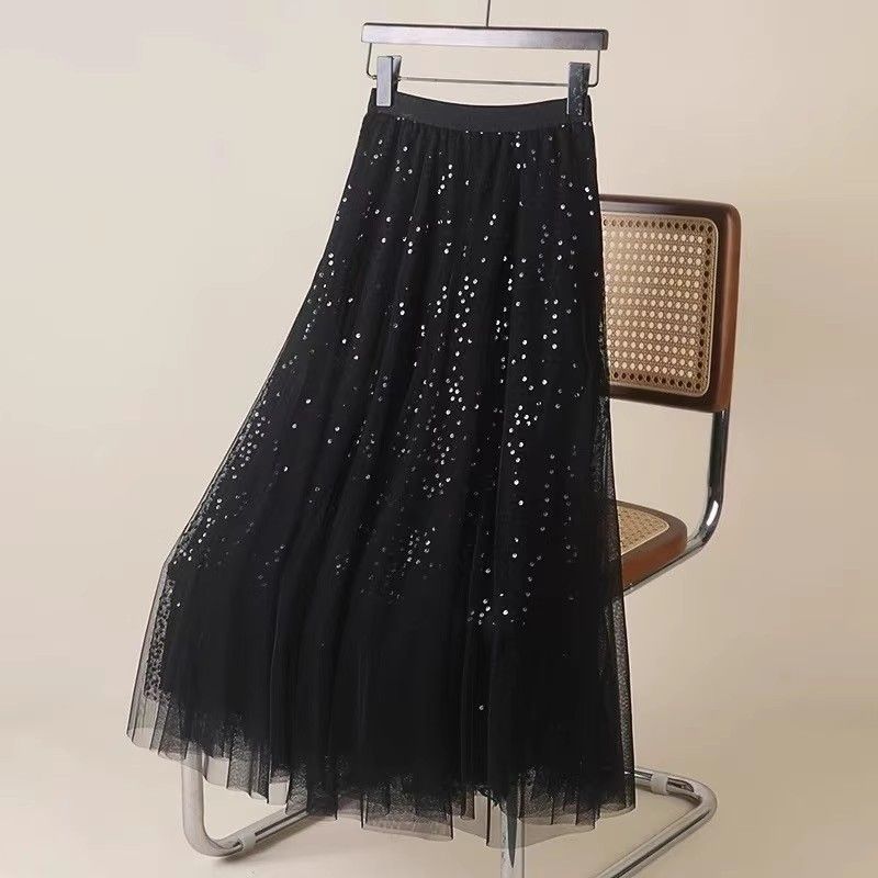 Women's Clothing Mesh Sequined Skirt Drape High Waist Slim A Line Big Swing Umbrella Skirt_ecoleips.com