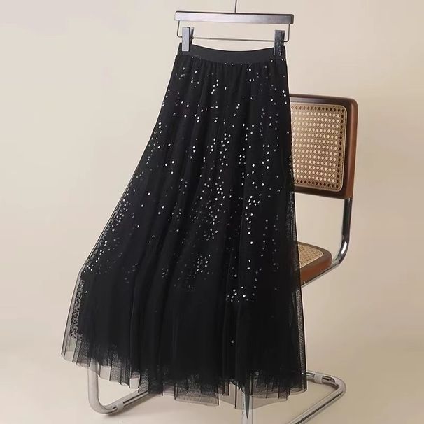 Women's Clothing Mesh Sequined Skirt Drape High Waist Slim A Line Big Swing Umbrella Skirt_ecoleips.com