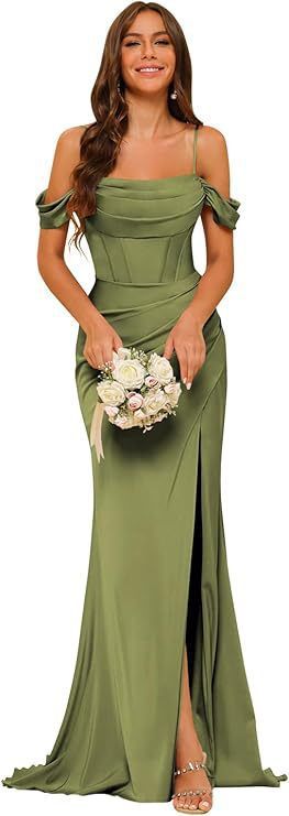 New Style Bridesmaid Dress Strappy Off-Shoulder Satin Ball Gown With Slits For Banquets And Evenings Suitable_ecoleips.com