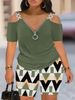 Women's Clothing Elegant Off Shoulder Splicing Zipper Short Sleeved Shorts Two Piece Suit_ecoleips.com