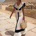 UC&ZA Style Women's Summer Color-Block V-Neck Ruffle Trim Slim Top And Skirt Set_ecoleips.com