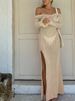Sexy Hollow Out Shoulder Long Sleeved Beach Dress Women's Casual Split Slim Fit Long Dress Spring Summer Vacation Knitted Dress_ecoleips.com