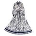 European-Inspired Wrap Waist Floral Dress – A-Line Swing Hem & Notched Collar (Sizes M-2XL, Premium Chambray Blue)_ecoleips.com