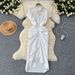 Elegant Sophisticated Mid Length Shirt Dress For Women With Subtle Pleats Single Breasted Buttons Slimming Waist_ecoleips.com