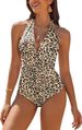Women's Clothing Solid Color One Piece Bikini Deep V Neck Swimwear Sexy Tie-up Halter Neck Design Summer Swimwear_ecoleips.com