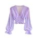 French V Neck Crossover Slim Fit Chiffon Blouse Women's Polka Dot Puff Sleeve Casual Top Waist Cinching Short Style Spring Autumn_ecoleips.com