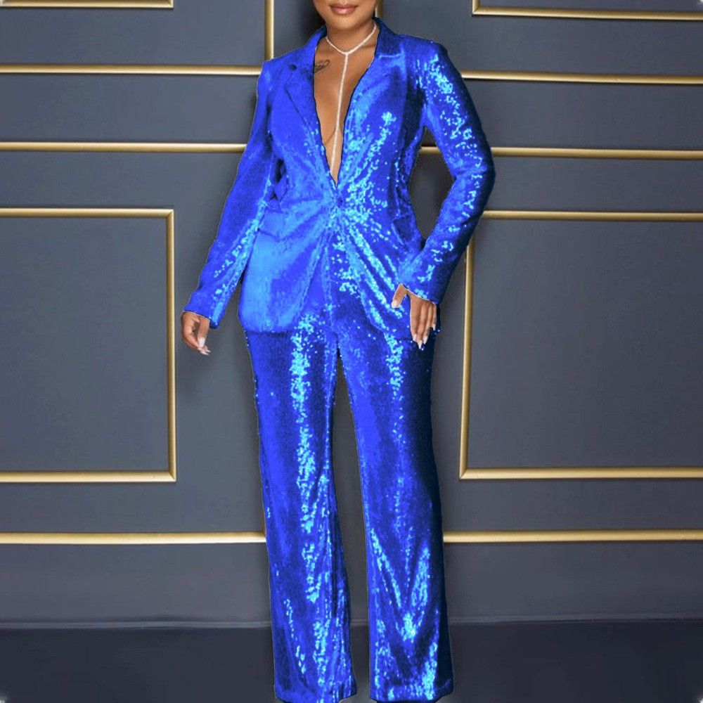 Women's Clothing Summer Jumpsuit New Women's Long Sleeve V neck Sequin Jumpsuit Two piece Set_ecoleips.com