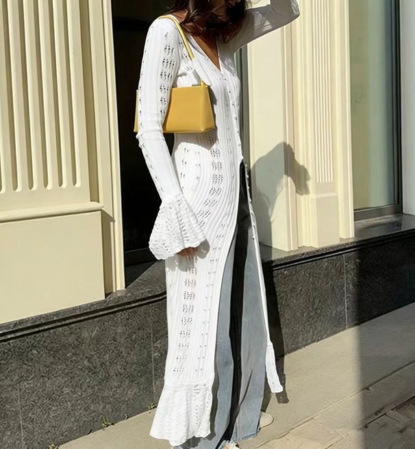 K European And American Sexy Girl Long Hollow-out Knit Jacket With Design Flair, Ruffles, And A Lazy Style, Featuring Flared Sleeves For Women_ecoleips.com