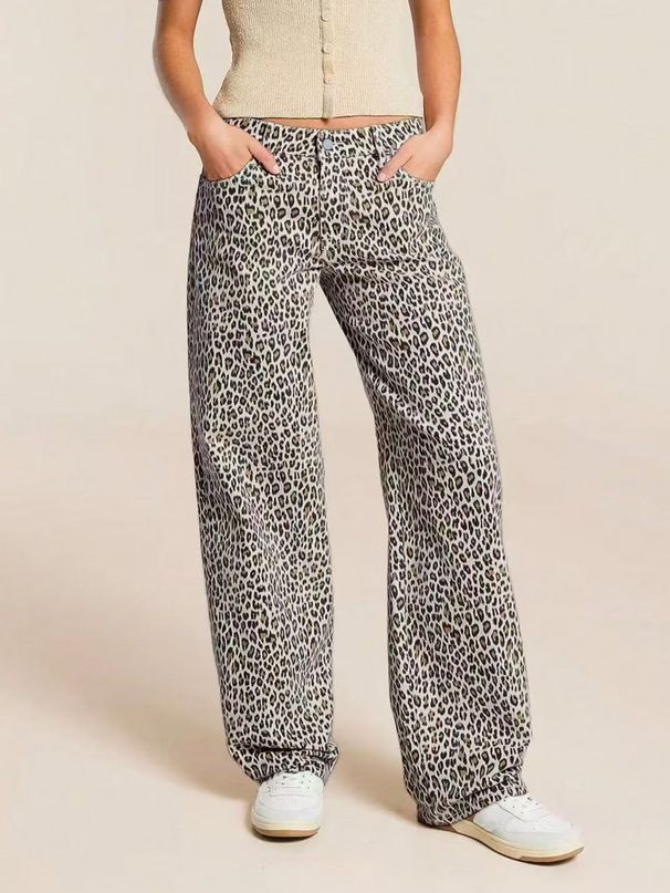 Women's Straight Leg Jeans Leopard Print Denim Street Fashion_ecoleips.com