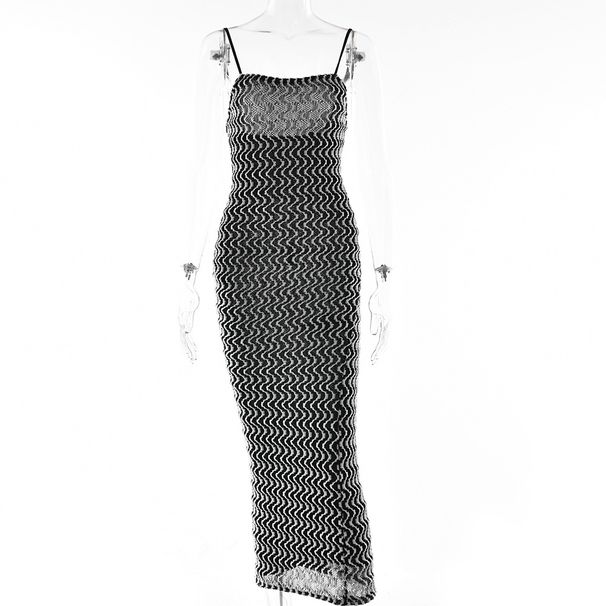 Women Eye‑Catching Color‑Block Long Dress With Black‑White Ripple Print, Spaghetti Straps & Backless Cut_ecoleips.com