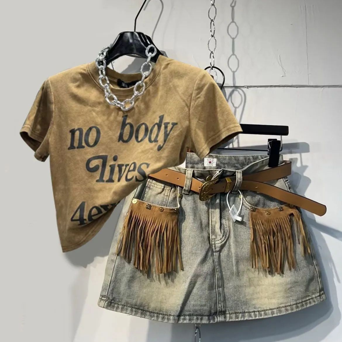 Women's Clothing New Printed Short Sleeved T Shirt Design Niche Denim Skirt Two Piece Suit_ecoleips.com