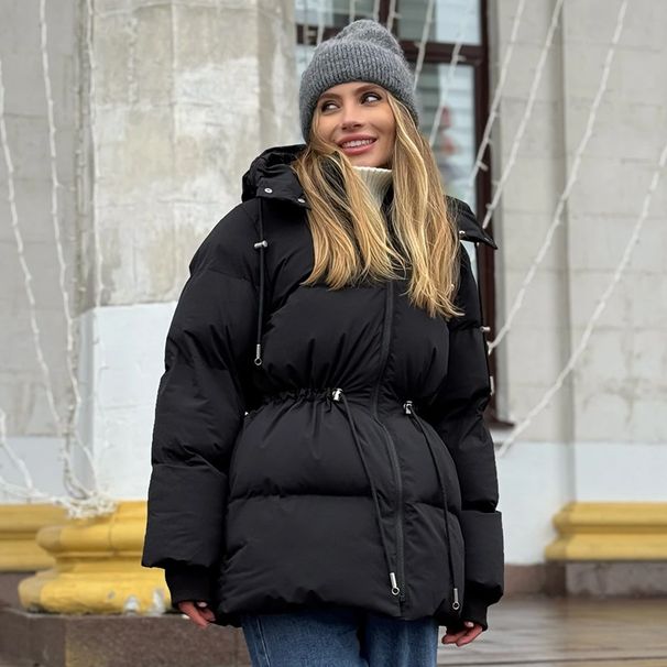 girl Girl Style Hooded Mid-Length Women, European And American 2025 Winter New Drawstring Waist Slimming Cotton Jacket For Women_ecoleips.com