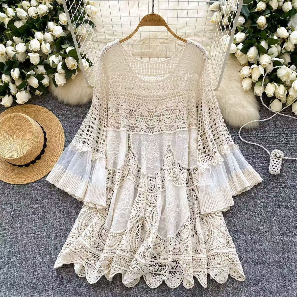 Women's Crochet Lace Knit Cover-Up Dress – Vintage Boho Style, Oversized Fit, Summer Beach & Casual Wear (Beige)_ecoleips.com