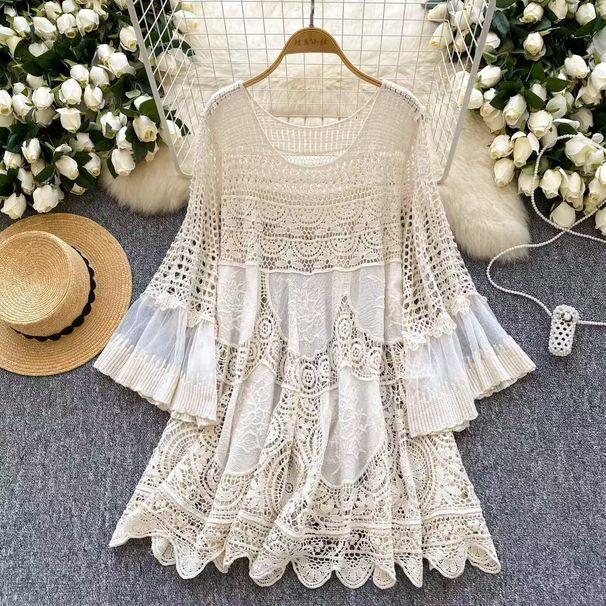 Women's Crochet Lace Knit Cover-Up Dress – Vintage Boho Style, Oversized Fit, Summer Beach & Casual Wear (Beige)_ecoleips.com