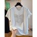 Women's Pure Cotton Short Sleeve T-Shirt European Style Heavy Beaded Bow Loose Fit Versatile Slimming Top For Youthful Look_ecoleips.com