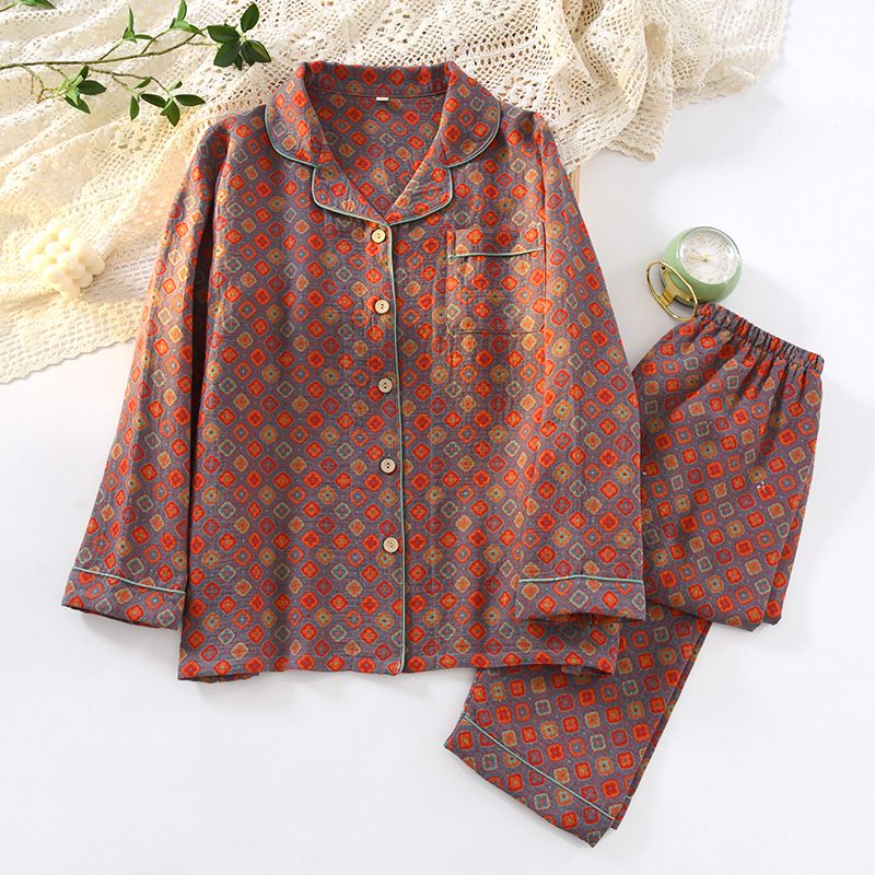 Spring And Autumn Cotton Yarn-dyed Double-layer Yarn Jacquard Women's Pajamas Lapel Long-sleeved Trousers Loungewear 2 Piece Set_ecoleips.com