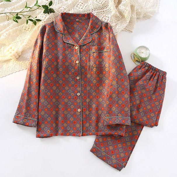 Spring And Autumn Cotton Yarn-dyed Double-layer Yarn Jacquard Women's Pajamas Lapel Long-sleeved Trousers Loungewear 2 Piece Set_ecoleips.com