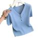Women's Summer Thin T-Shirt Colorful Buttons Ice Silk V Neck Short Sleeve Knitwear Loose Fit Tummy Covering Youthful_ecoleips.com