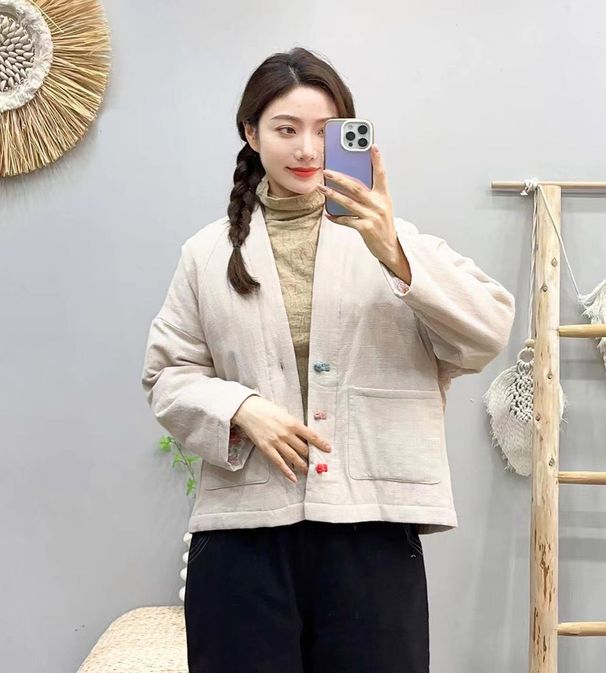 girl Vintage Embroidered Linen New Chinese Buttoned Asymmetrical Collar National Style Women's Loose Cotton Coat Winter_ecoleips.com