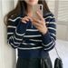 Contrasting Autumn Retro Temperament Semi-Zip Navy Collar Loose Casual Versatile Long-Sleeved Striped Knit Sweater_ecoleips.com